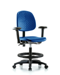 Polyurethane Chair - Medium Bench Height with Medium Back, Adjustable Arms, Black Foot Ring, & Casters in Blue Polyurethane PMBCH-MB-RG-T0-A1-BF-RC-BLU