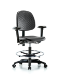 Polyurethane Chair - Medium Bench Height with Medium Back, Adjustable Arms, Chrome Foot Ring, & Casters in Black Polyurethane PMBCH-MB-RG-T0-A1-CF-RC-BLK