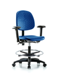 Polyurethane Chair - Medium Bench Height with Medium Back, Adjustable Arms, Chrome Foot Ring, & Casters in Blue Polyurethane PMBCH-MB-RG-T0-A1-CF-RC-BLU