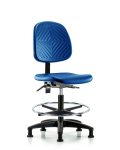 Polyurethane Chair - Medium Bench Height with Medium Back, Seat Tilt, Chrome Foot Ring, & Stationary Glides in Blue Polyurethane PMBCH-MB-RG-T1-A0-CF-RG-BLU