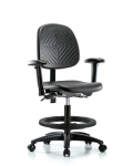 Polyurethane Chair - Medium Bench Height with Medium Back, Seat Tilt, Adjustable Arms, Black Foot Ring, & Casters in Black Polyurethane PMBCH-MB-RG-T1-A1-BF-RC-BLK