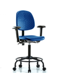 Polyurethane Chair with Round Tube Base - Medium Bench Height with Medium Back, Adjustable Arms, & Casters in Blue Polyurethane PMBCH-MB-RT-T0-A1-RC-BLU