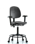 Polyurethane Chair with Round Tube Base - Medium Bench Height with Medium Back, Seat Tilt, Adjustable Arms, & Casters in Black Polyurethane PMBCH-MB-RT-T1-A1-RC-BLK