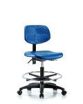 Polyurethane Chair - Medium Bench Height with Seat Tilt, Chrome Foot Ring, & Casters in Blue Polyurethane PMBCH-RG-T1-A0-CF-RC-BLU
