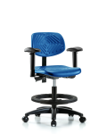 Polyurethane Chair - Medium Bench Height with Seat Tilt, Adjustable Arms, Black Foot Ring, & Casters in Blue Polyurethane PMBCH-RG-T1-A1-BF-RC-BLU