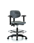 Polyurethane Chair - Medium Bench Height with Seat Tilt, Adjustable Arms, Chrome Foot Ring, & Casters in Black Polyurethane PMBCH-RG-T1-A1-CF-RC-BLK