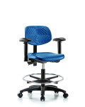 Polyurethane Chair - Medium Bench Height with Seat Tilt, Adjustable Arms, Chrome Foot Ring, & Casters in Blue Polyurethane PMBCH-RG-T1-A1-CF-RC-BLU
