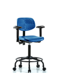 Polyurethane Chair Round Tube Base - Medium Bench Height with Adjustable Arms & Casters in Blue Polyurethane PMBCH-RT-T0-A1-RC-BLU