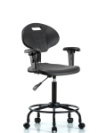 Polyurethane Chair Round Tube Base - Medium Bench Height with Seat Tilt, Adjustable Arms, & Casters in Black Polyurethane PMBCH-RT-T1-A1-RC-BLK