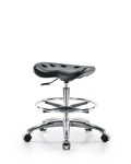Polyurethane Tractor Stool Chrome - Medium Bench Height with Chrome Foot Ring & Chrome Casters in Black Polyurethane PTMBSL-CR-CF-CC-BLK
