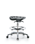 Polyurethane Tractor Sit-Stand Stool Chrome - Medium Bench Height with Chrome Foot Ring & Chrome Casters in Black Polyurethane PTMBSO-CR-CF-CC-BLK