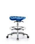Polyurethane Tractor Sit-Stand Stool Chrome - Medium Bench Height with Chrome Foot Ring & Chrome Casters in Blue Polyurethane PTMBSO-CR-CF-CC-BLU