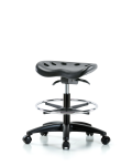 Polyurethane Tractor Sit-Stand Stool - Medium Bench Height with Chrome Foot Ring & Casters in Black Polyurethane PTMBSO-RG-CF-RC-BLK