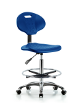 Erie Polyurethane Chair Chrome - High Bench Height with Chrome Foot Ring & Chrome Casters in Blue Polyurethane TPHBCH-CR-A0-CF-CC-BLU