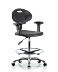 Erie Polyurethane Chair Chrome - High Bench Height with Chrome Foot Ring, Adjustable Arms, & Chrome Casters in Black Polyurethane TPHBCH-CR-A1-CF-CC-BLK