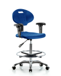Erie Polyurethane Chair Chrome - High Bench Height with Chrome Foot Ring, Adjustable Arms, & Chrome Casters in Blue Polyurethane TPHBCH-CR-A1-CF-CC-BLU