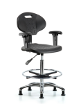 Erie Polyurethane Chair Chrome - High Bench Height with Chrome Foot Ring, Adjustable Arms, & Stationary Glides in Black Polyurethane TPHBCH-CR-A1-CF-RG-BLK