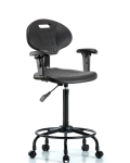 Erie Polyurethane Chair - High Bench Height with Adjustable Arms, Round Tube Base & Casters in Black Polyurethane TPHBCH-RT-A1-RC-BLK