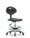 Erie Polyurethane Chair Chrome - Medium Bench Height with Chrome Foot Ring & Chrome Casters in Black Polyurethane TPMBCH-CR-A0-CF-CC-BLK
