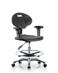 Erie Polyurethane Chair Chrome - Medium Bench Height with Chrome Foot Ring, Adjustable Arms, & Chrome Casters in Black Polyurethane TPMBCH-CR-A1-CF-CC-BLK