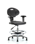 Erie Polyurethane Chair Chrome - Medium Bench Height with Chrome Foot Ring, Adjustable Arms, & Stationary Glides in Black Polyurethane TPMBCH-CR-A1-CF-RG-BLK