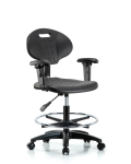 Erie Polyurethane Chair - Medium Bench Height with Chrome Foot Ring, Adjustable Arms, & Casters in Black Polyurethane TPMBCH-RG-A1-CF-RC-BLK