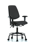Vinyl Chair - Desk Height with Round Tube Base, Medium Back, Adjustable Arms, & Casters in Black Trailblazer Vinyl VDHCH-MB-RT-T0-A1-RC-8540