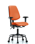 Vinyl Chair - Desk Height with Round Tube Base, Medium Back, Seat Tilt, Adjustable Arms, & Casters in Orange Kist Trailblazer Vinyl VDHCH-MB-RT-T1-A1-RC-8613