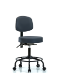 Vinyl Stool with Back - Desk Height with Round Tube Base & Casters in Imperial Blue Trailblazer Vinyl VDHST-RT-T0-RC-8582