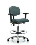 Vinyl Chair Chrome - High Bench Height with Seat Tilt, Adjustable Arms, Chrome Foot Ring, & Casters in Colonial Blue Trailblazer Vinyl VHBCH-CR-T1-A1-CF-CC-8546