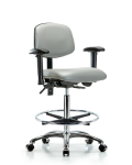 Vinyl Chair Chrome - High Bench Height with Seat Tilt, Adjustable Arms, Chrome Foot Ring, & Casters in Dove Trailblazer Vinyl VHBCH-CR-T1-A1-CF-CC-8567