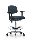 Vinyl Chair Chrome - High Bench Height with Seat Tilt, Adjustable Arms, Chrome Foot Ring, & Casters in Imperial Blue Trailblazer Vinyl VHBCH-CR-T1-A1-CF-CC-8582