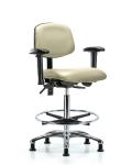 Vinyl Chair Chrome - High Bench Height with Seat Tilt, Adjustable Arms, Chrome Foot Ring, & Casters in Adobe White Trailblazer Vinyl VHBCH-CR-T1-A1-CF-RG-8501
