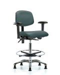 Vinyl Chair Chrome - High Bench Height with Seat Tilt, Adjustable Arms, Chrome Foot Ring, & Casters in Colonial Blue Trailblazer Vinyl VHBCH-CR-T1-A1-CF-RG-8546