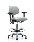 Vinyl Chair Chrome - High Bench Height with Seat Tilt, Adjustable Arms, Chrome Foot Ring, & Casters in Dove Trailblazer Vinyl VHBCH-CR-T1-A1-CF-RG-8567
