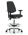 Vinyl Chair Chrome - High Bench Height with Medium Back, Adjustable Arms, Chrome Foot Ring, & Casters in Black Trailblazer Vinyl VHBCH-MB-CR-T0-A1-CF-CC-8540