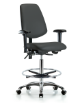 Vinyl Chair Chrome - High Bench Height with Medium Back, Adjustable Arms, Chrome Foot Ring, & Casters in Charcoal Trailblazer Vinyl VHBCH-MB-CR-T0-A1-CF-CC-8605