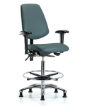 Vinyl Chair Chrome - High Bench Height with Medium Back, Adjustable Arms, Chrome Foot Ring, & Stationary Glides in Colonial Blue Trailblazer Vinyl VHBCH-MB-CR-T0-A1-CF-RG-8546