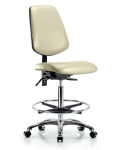 Vinyl Chair Chrome - High Bench Height with Medium Back, Seat Tilt, Chrome Foot Ring, & Casters in Adobe White Trailblazer Vinyl VHBCH-MB-CR-T1-A0-CF-CC-8501
