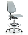 Vinyl Chair Chrome - High Bench Height with Medium Back, Seat Tilt, Chrome Foot Ring, & Casters in Dove Trailblazer Vinyl VHBCH-MB-CR-T1-A0-CF-CC-8567