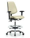 Vinyl Chair Chrome - High Bench Height with Medium Back, Seat Tilt, Adjustable Arms, Chrome Foot Ring, & Casters in Adobe White Trailblazer Vinyl VHBCH-MB-CR-T1-A1-CF-CC-8501