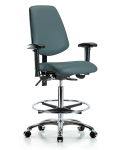 Vinyl Chair Chrome - High Bench Height with Medium Back, Seat Tilt, Adjustable Arms, Chrome Foot Ring, & Casters in Colonial Blue Trailblazer Vinyl VHBCH-MB-CR-T1-A1-CF-CC-8546