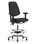 Vinyl Chair Chrome - High Bench Height with Medium Back, Seat Tilt, Adjustable Arms, Chrome Foot Ring, & Stationary Glides in Black Trailblazer Vinyl VHBCH-MB-CR-T1-A1-CF-RG-8540