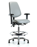 Vinyl Chair Chrome - High Bench Height with Medium Back, Seat Tilt, Adjustable Arms, Chrome Foot Ring, & Stationary Glides in Dove Trailblazer Vinyl VHBCH-MB-CR-T1-A1-CF-RG-8567