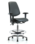 Vinyl Chair Chrome - High Bench Height with Medium Back, Seat Tilt, Adjustable Arms, Chrome Foot Ring, & Stationary Glides in Carbon Supernova Vinyl VHBCH-MB-CR-T1-A1-CF-RG-8823
