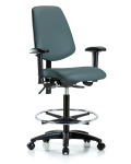 Vinyl Chair - High Bench Height with Medium Back, Adjustable Arms, Chrome Foot Ring, & Casters in Colonial Blue Trailblazer Vinyl VHBCH-MB-RG-T0-A1-CF-RC-8546