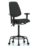 Vinyl Chair - High Bench Height with Round Tube Base, Medium Back, Seat Tilt, Adjustable Arms, & Casters in Black Trailblazer Vinyl VHBCH-MB-RT-T1-A1-RC-8540