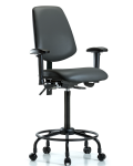 Vinyl Chair - High Bench Height with Round Tube Base, Medium Back, Seat Tilt, Adjustable Arms, & Casters in Carbon Supernova Vinyl VHBCH-MB-RT-T1-A1-RC-8823