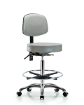 Vinyl Stool with Back Chrome - High Bench Height with Chrome Foot Ring & Casters in Dove Trailblazer Vinyl VHBST-CR-T0-CF-CC-8567