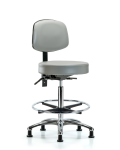 Vinyl Stool with Back Chrome - High Bench Height with Chrome Foot Ring & Stationary Glides in Dove Trailblazer Vinyl VHBST-CR-T0-CF-RG-8567